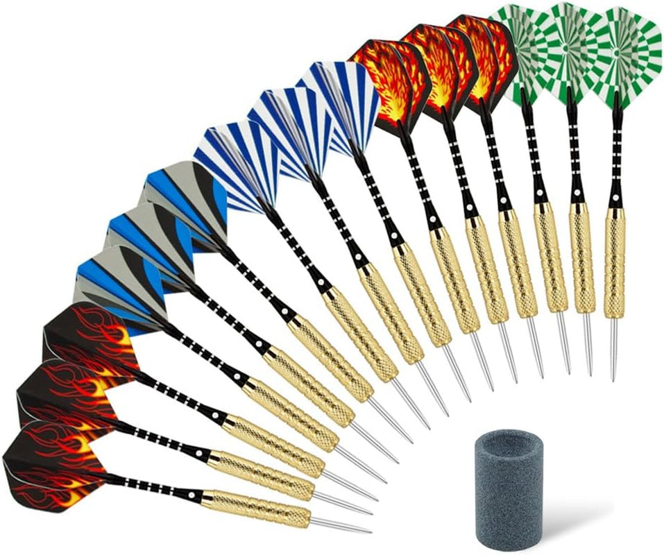 15 Pack Steel Tip Darts 18 Grams with Aluminum Shafts and 5 Style Flights + Extra Dart Sharpener