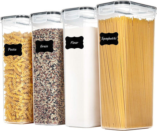 Airtight Food Storage Containers with Lids, 4 PCS 2.8L Pasta Containers for Pantry Organization and Storage, Kitchen Organization for Spaghetti, Flour, Sugar and Noodles, Black