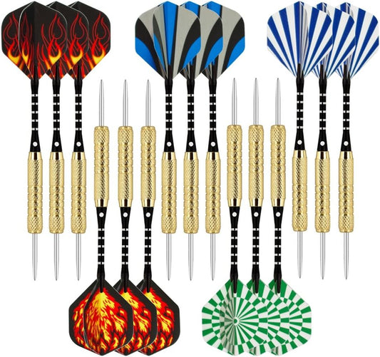 15 Pack Steel Tip Darts 18 Grams with Aluminum Shafts and 5 Style Flights + Extra Dart Sharpener