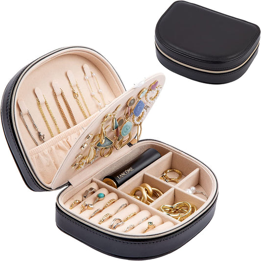 Travel Size Jewelry Box, Small Portable Seashell-Shaped Jewelry Case, 2 Layer Mini Jewelry Organizer in PU Leather, Earring Necklace Bracelet Ring Holder Box for Women Girl -Black
