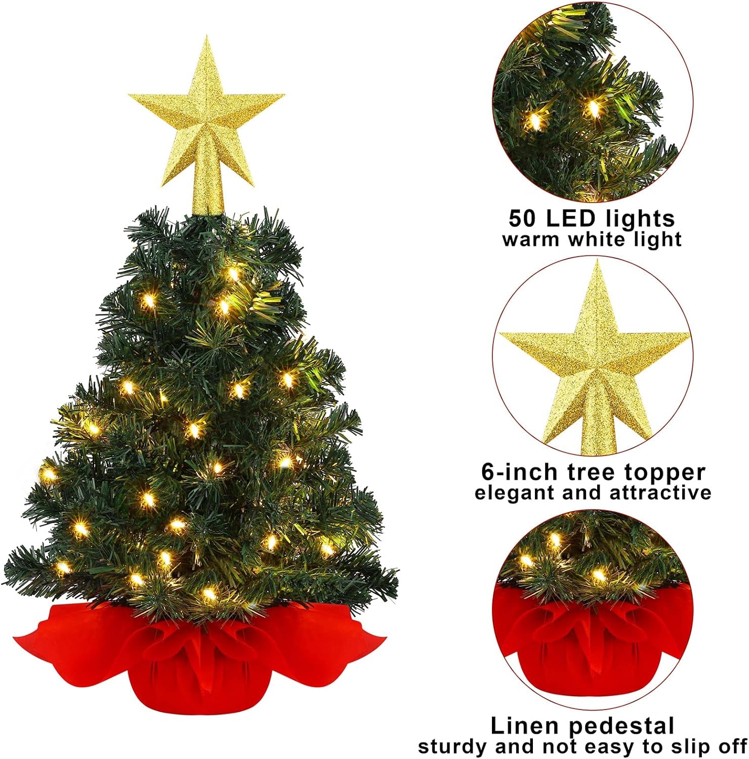 2 Pack 18 Inches X 2 Feet Mini Tabletop Christmas Tree Red Mini Artificial Christmas Trees with 50 LED Lights for Christmas Decor Indoor Home