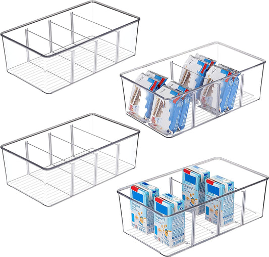 4 Pack Food Storage Organizer Bins, Clear Plastic Bins for Pantry, Kitchen, Fridge, Cabinet Organization and Storage, 4 Compartment Holder for Packets, Tea, Snacks, Pouches, Spice Packets