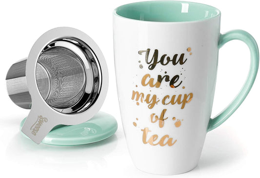 205.109 Porcelain Tea Mug with Infuser and Lid - Tea Cup with Strainer for Loose Leaf Tea or Coffee, 15 OZ, Mint Green
