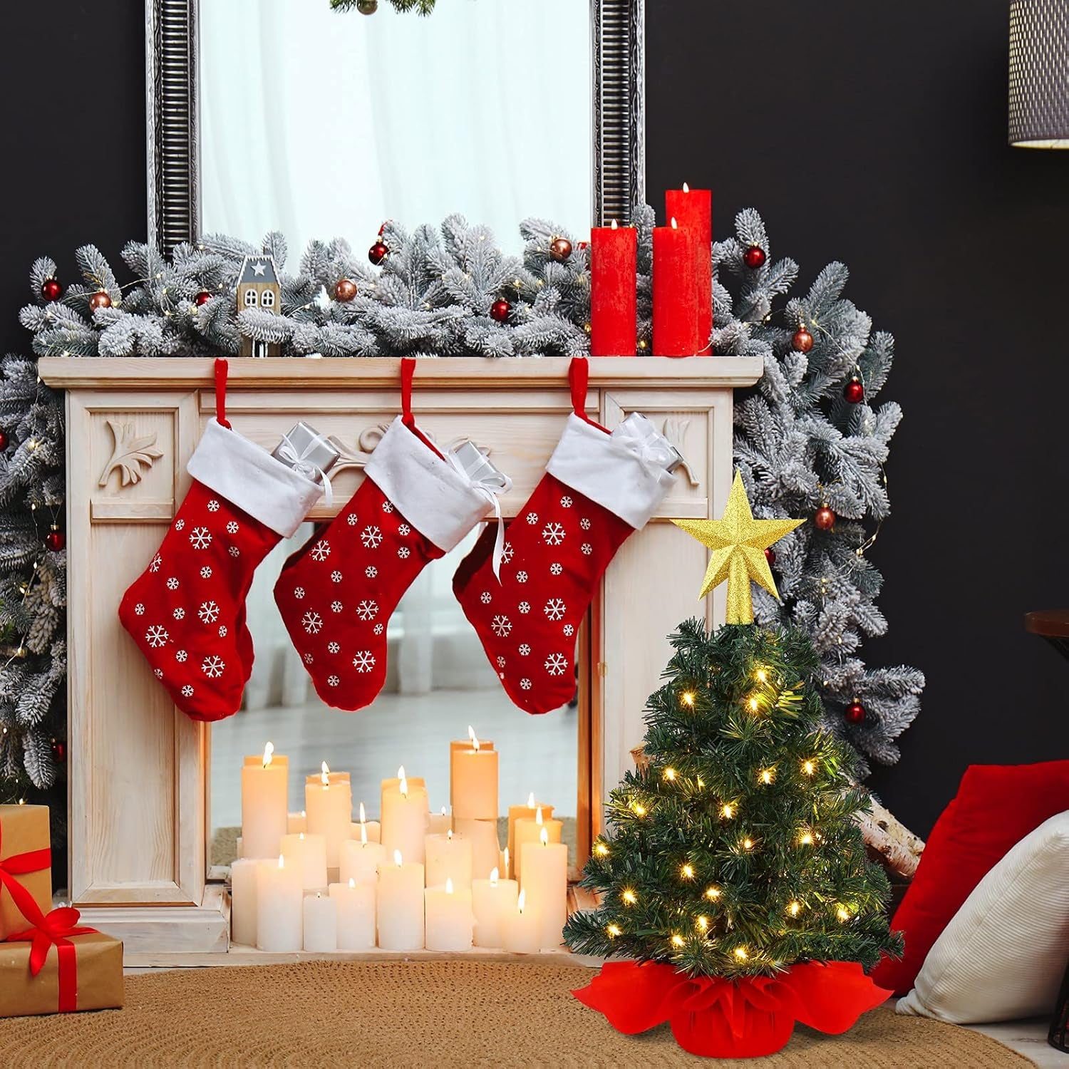 2 Pack 18 Inches X 2 Feet Mini Tabletop Christmas Tree Red Mini Artificial Christmas Trees with 50 LED Lights for Christmas Decor Indoor Home