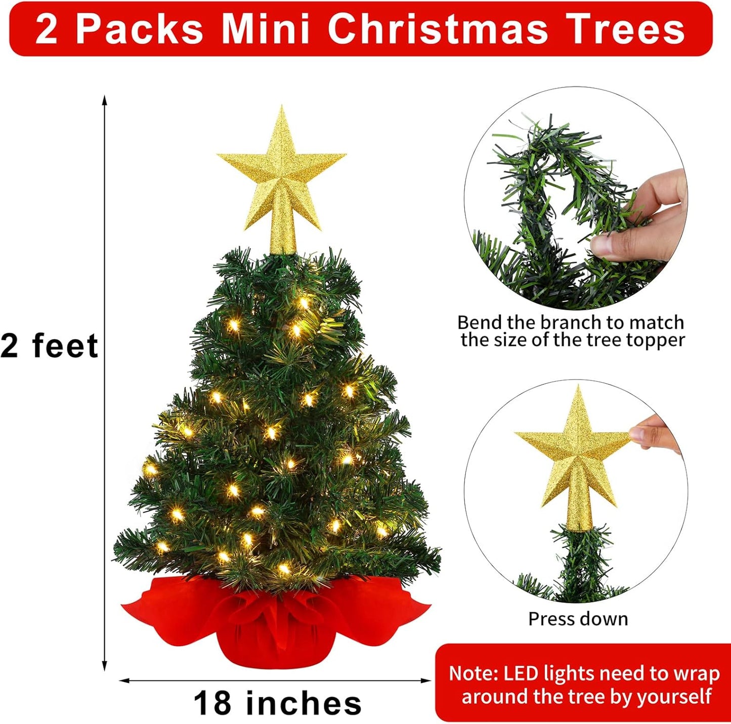 2 Pack 18 Inches X 2 Feet Mini Tabletop Christmas Tree Red Mini Artificial Christmas Trees with 50 LED Lights for Christmas Decor Indoor Home